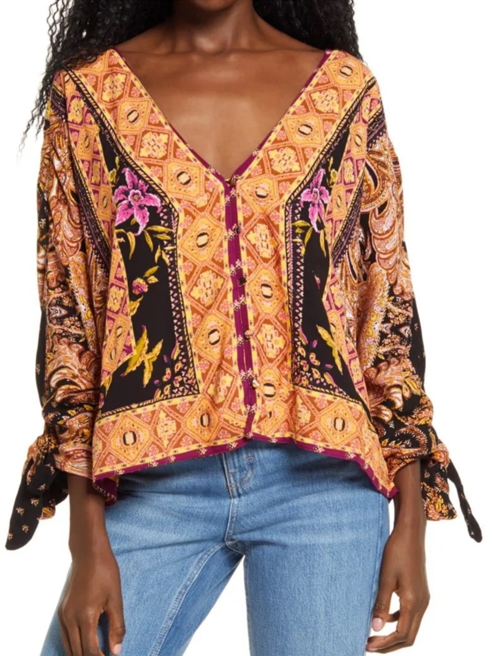 Free People V-Neck Button-Front Blouse in Gold, Black & Pink